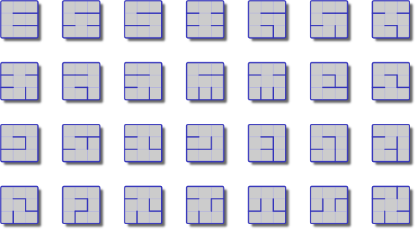 All of the 3x3-mazes, up to reflection and rotation